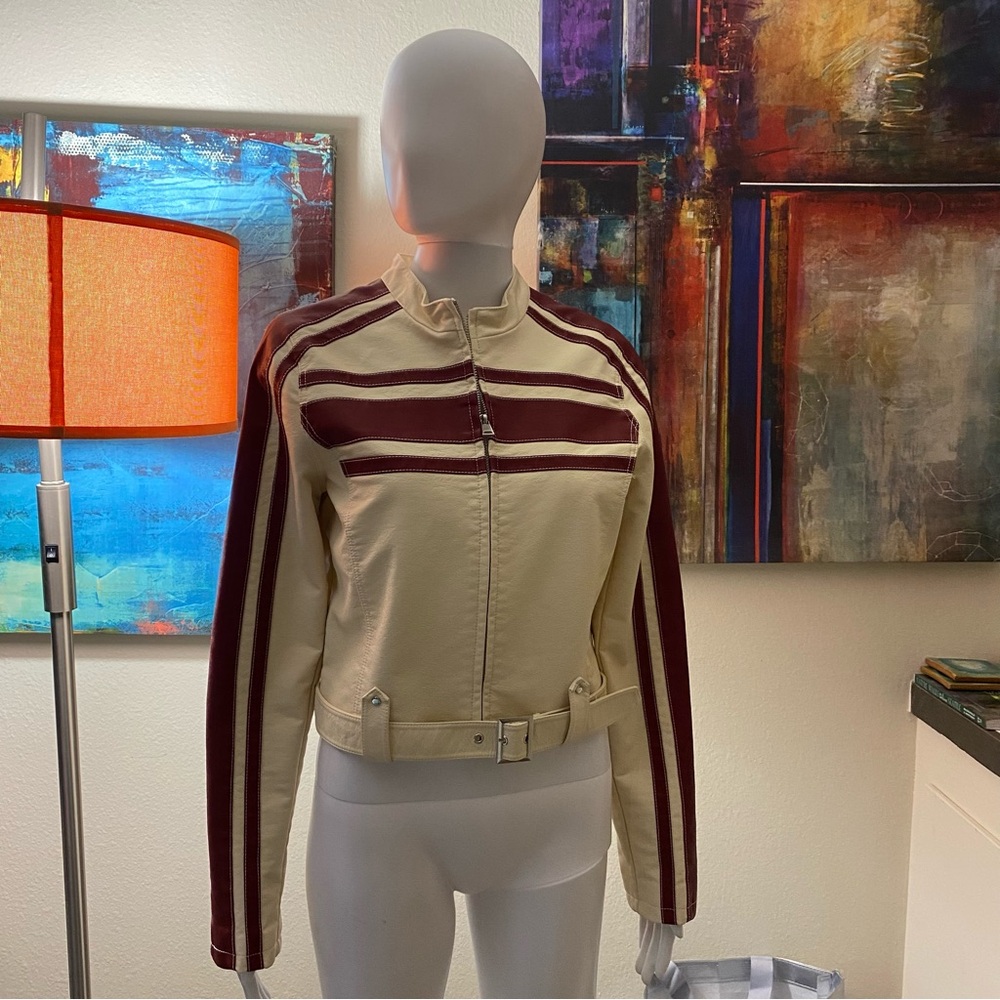 Urban Outfitters Cream and Red Bomber Jacket Retro Style